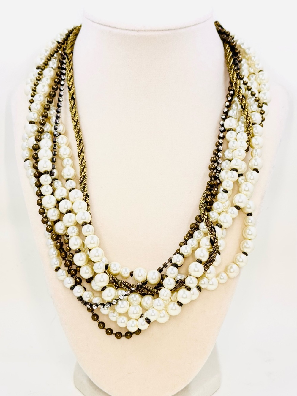 Chico's Layered Pearl Rhinestone and Gold-Tone Multi-Strand Necklace 18-21”
